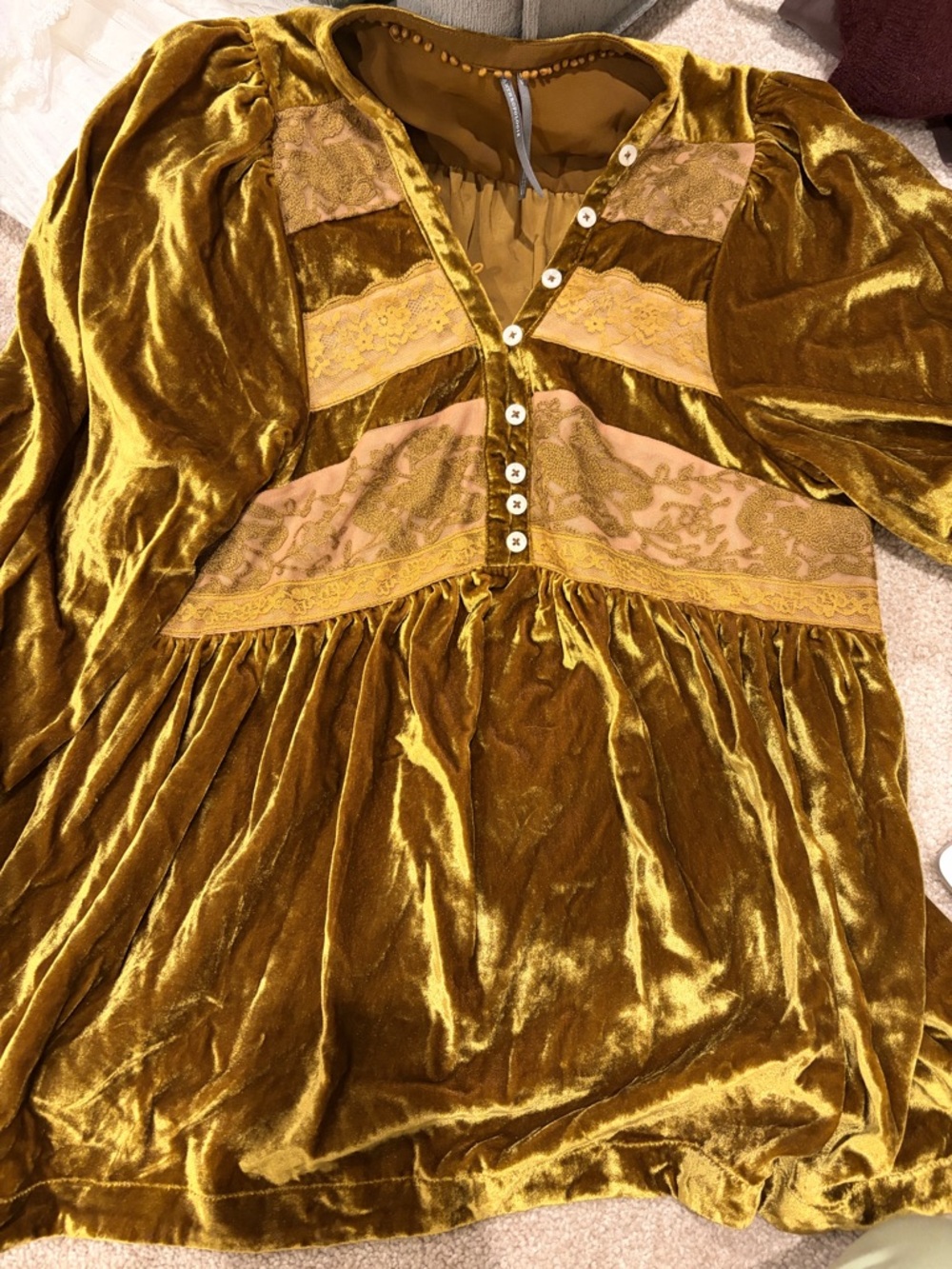 Anthropologie Golden Mustard Velvet Button-Front Tunic